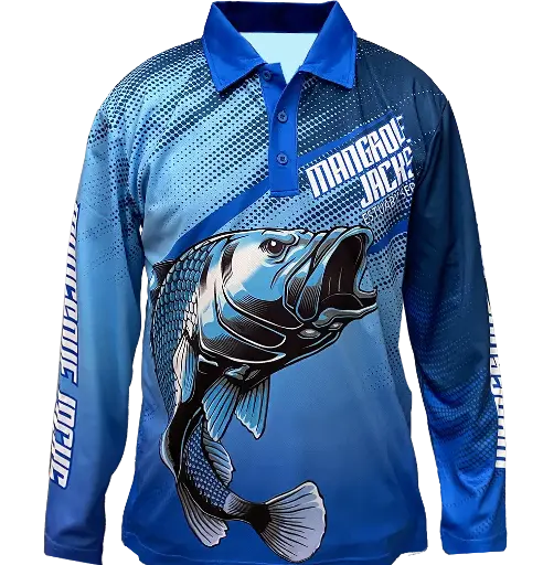 [9337217009917] Mangrove Jacks Fishing Shirt  (Blue, S, Barramundi)