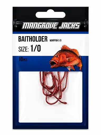 [9337217022107] Mangrove Jacks Baitholder Hook Red | Size 1/0 | 10 Pack