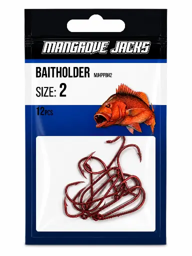 [9337217022114] Mangrove Jacks Baitholder Hook Red | Size 2 | 12 Pack