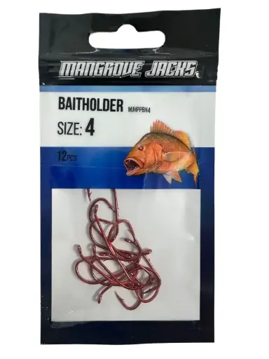 [9337217022138] Mangrove Jacks Baitholder Hook Red | Size 4 | 12 Pack