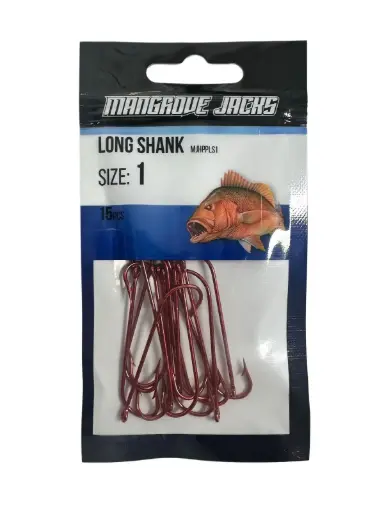 [9337217022015] Mangrove Jacks Long Shank Hook Red | Size 1 | 15 Pack