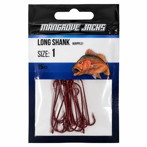 [9337217022015] Mangrove Jacks Long Shank Hook Red | Size 1 | 15 Pack