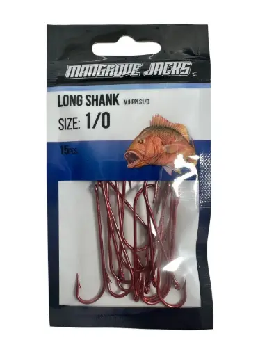 [9337217022022] Mangrove Jacks Long Shank Hook Red | Size 1/0 | 15 Pack