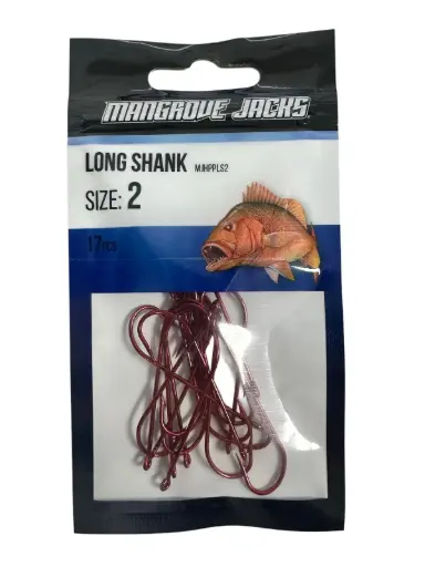 [9337217022039] Mangrove Jacks Long Shank Hook Red | Size 2 | 17 Pack