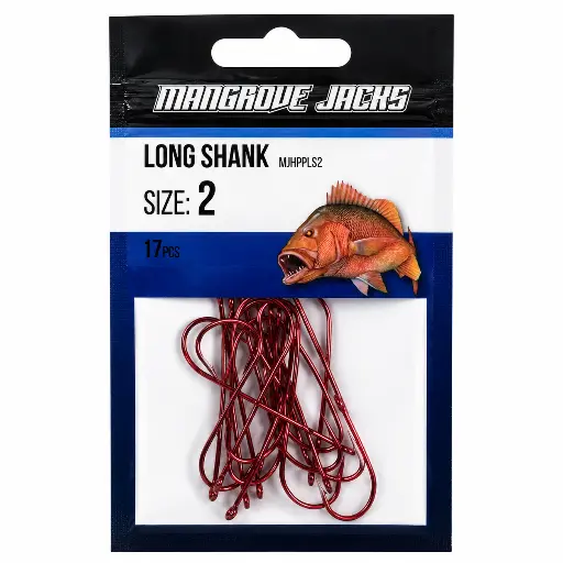 [9337217022039] Mangrove Jacks Long Shank Hook Red | Size 2 | 17 Pack