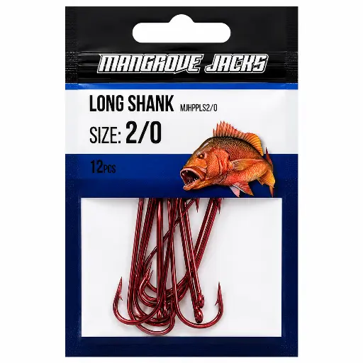 [9337217022046] Mangrove Jacks Long Shank Hook Red | Size 2/0 | 12 Pack