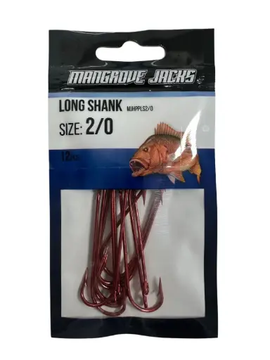 [9337217022046] Mangrove Jacks Long Shank Hook Red | Size 2/0 | 12 Pack