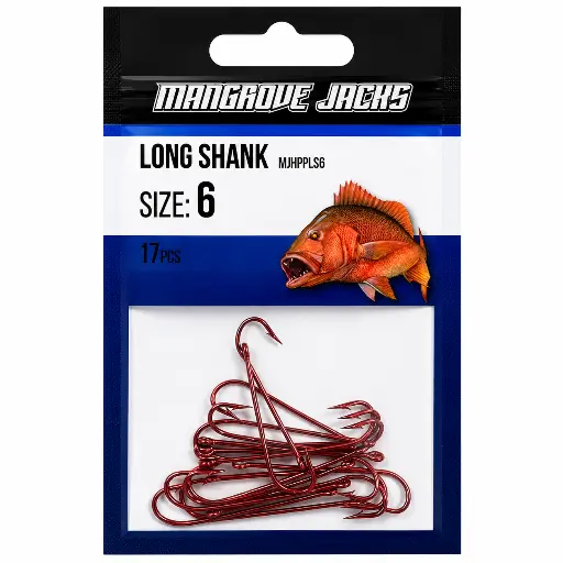 [9337217022060] Mangrove Jacks Long Shank Hook Red | Size 6 | 17 Pack
