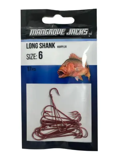 [9337217022060] Mangrove Jacks Long Shank Hook Red | Size 6 | 17 Pack