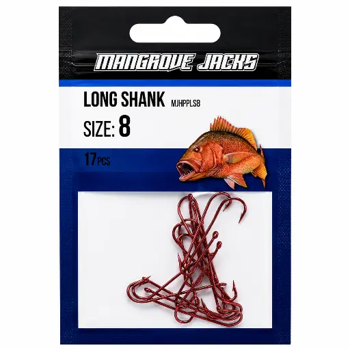 [9337217022084] Mangrove Jacks Long Shank Hook Red | Size 8 | 17 Pack