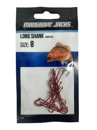 [9337217022084] Mangrove Jacks Long Shank Hook Red | Size 8 | 17 Pack