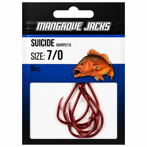 [9337217022206] Mangrove Jacks Suicide Hook Red | Size 7/0 | 6 Pack
