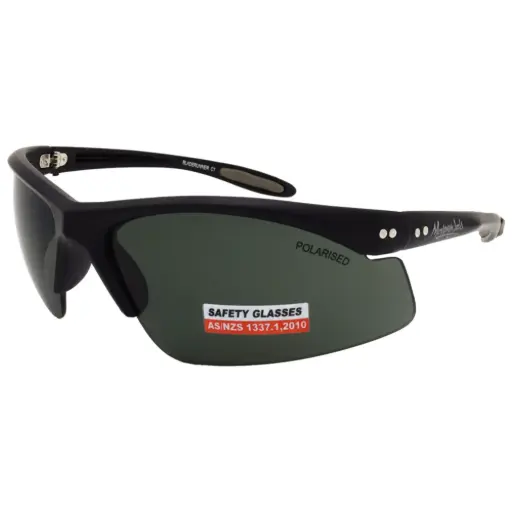 [9337217001331] Mangrove Jacks Bladerunner Safety Glasses C1 Black / Smoke Polarised Lenses