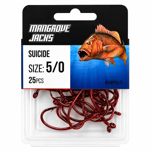 [9340457027344] Mangrove Jacks Suicide Hook Red | Size 5/0 | 25 Pack