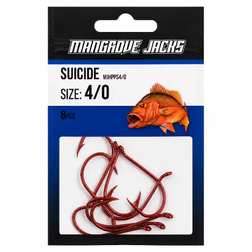 [9340457027290] Mangrove Jacks Suicide Hook Red | Size 4/0 | 8 Pack